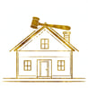 The image depicts a simplified gold outlined drawing of a house with a chimney and a gavel is shown resting on the roof of the house-1 The image depicts a simplified gold outlined drawing of a house with a chimney and a gavel is shown resting on the roof of the house-1